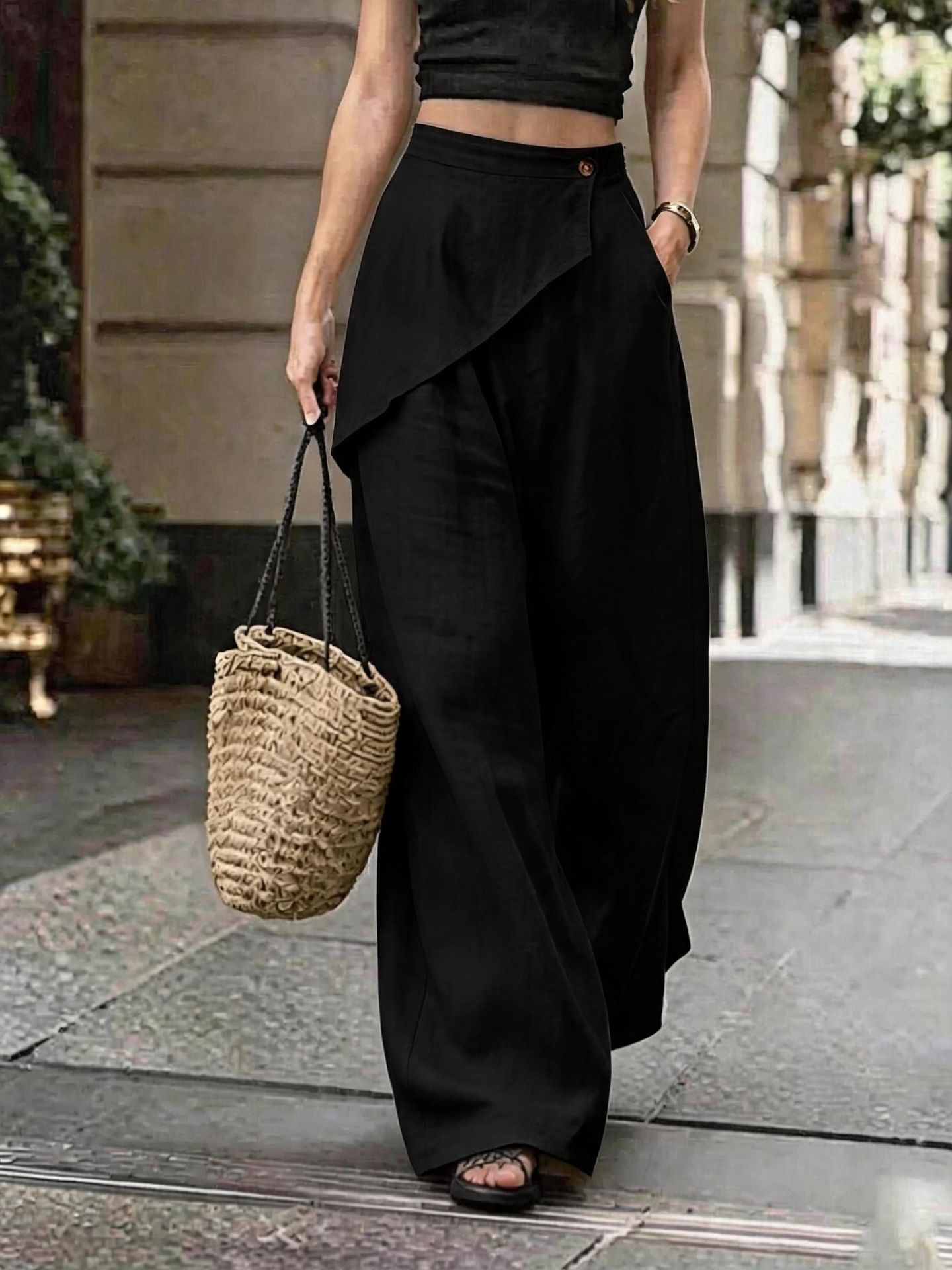 Irregular design loose solid casual wide-leg pants