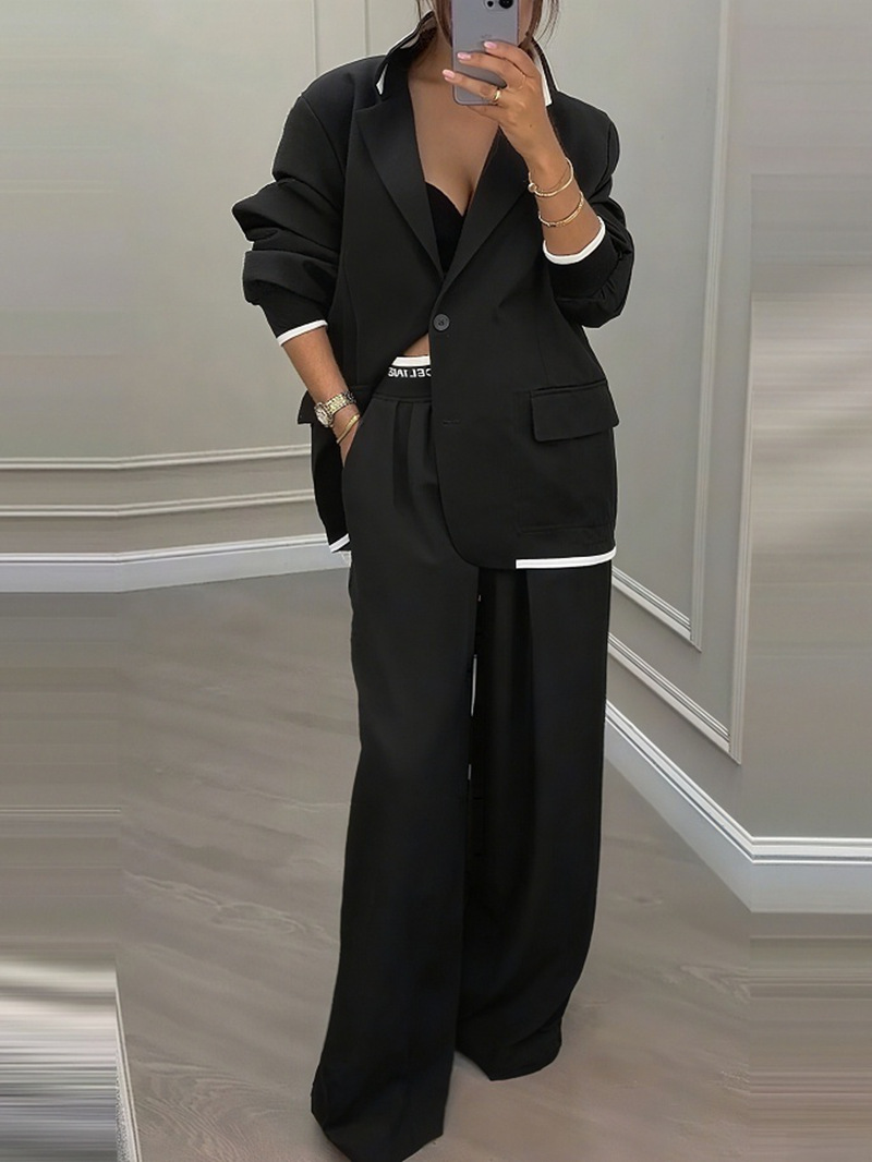 Elegant long-sleeve blazer and wide-leg pants suit set