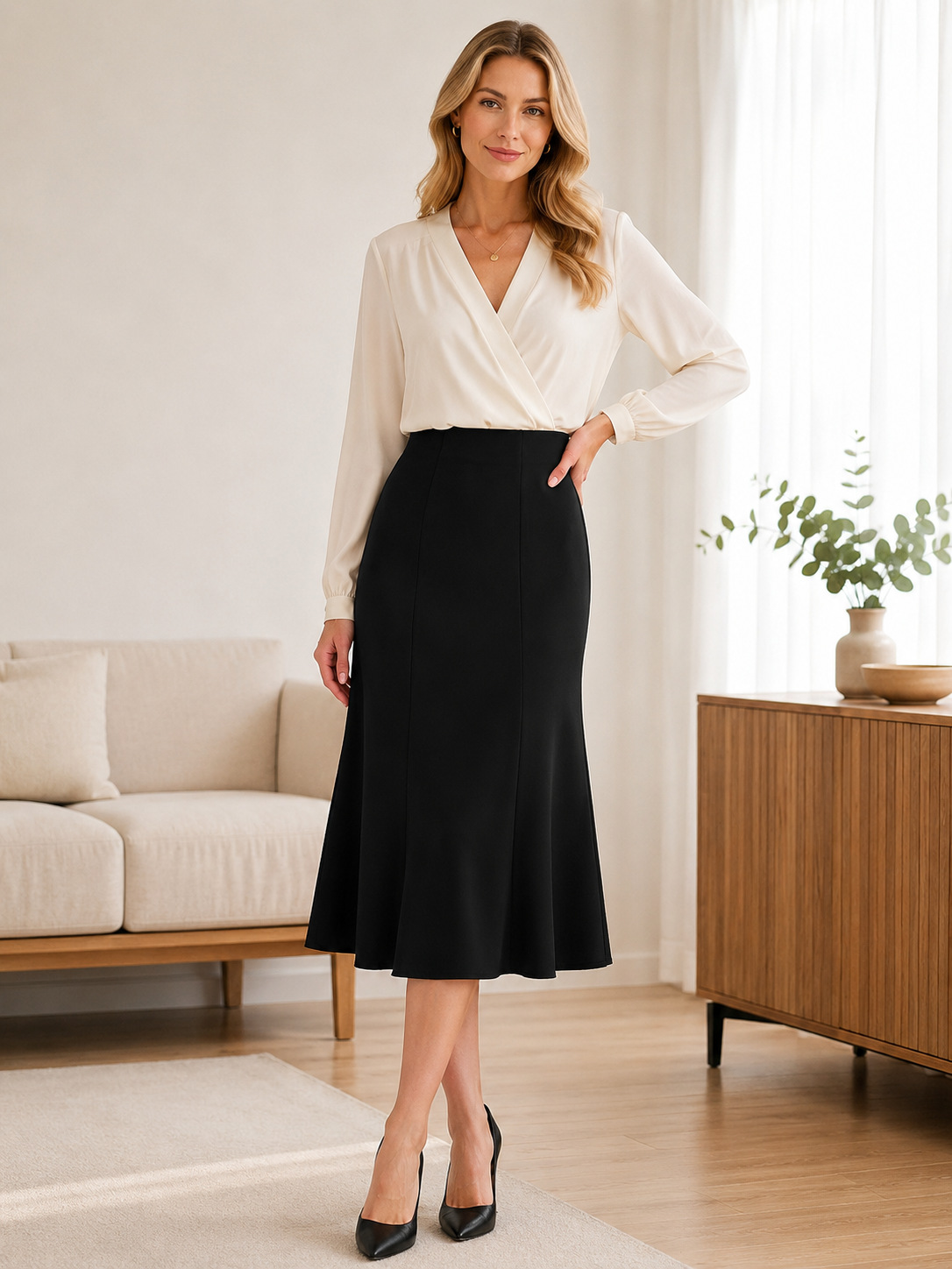 High-Waist Stretchy A-Line Flowing Midi Skirt