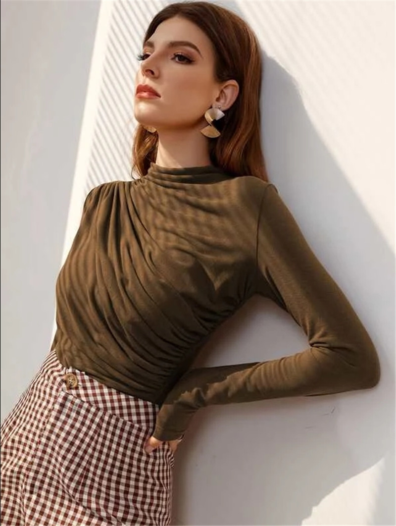Mock Neck Long Sleeve T-Shirt with Shirred Details