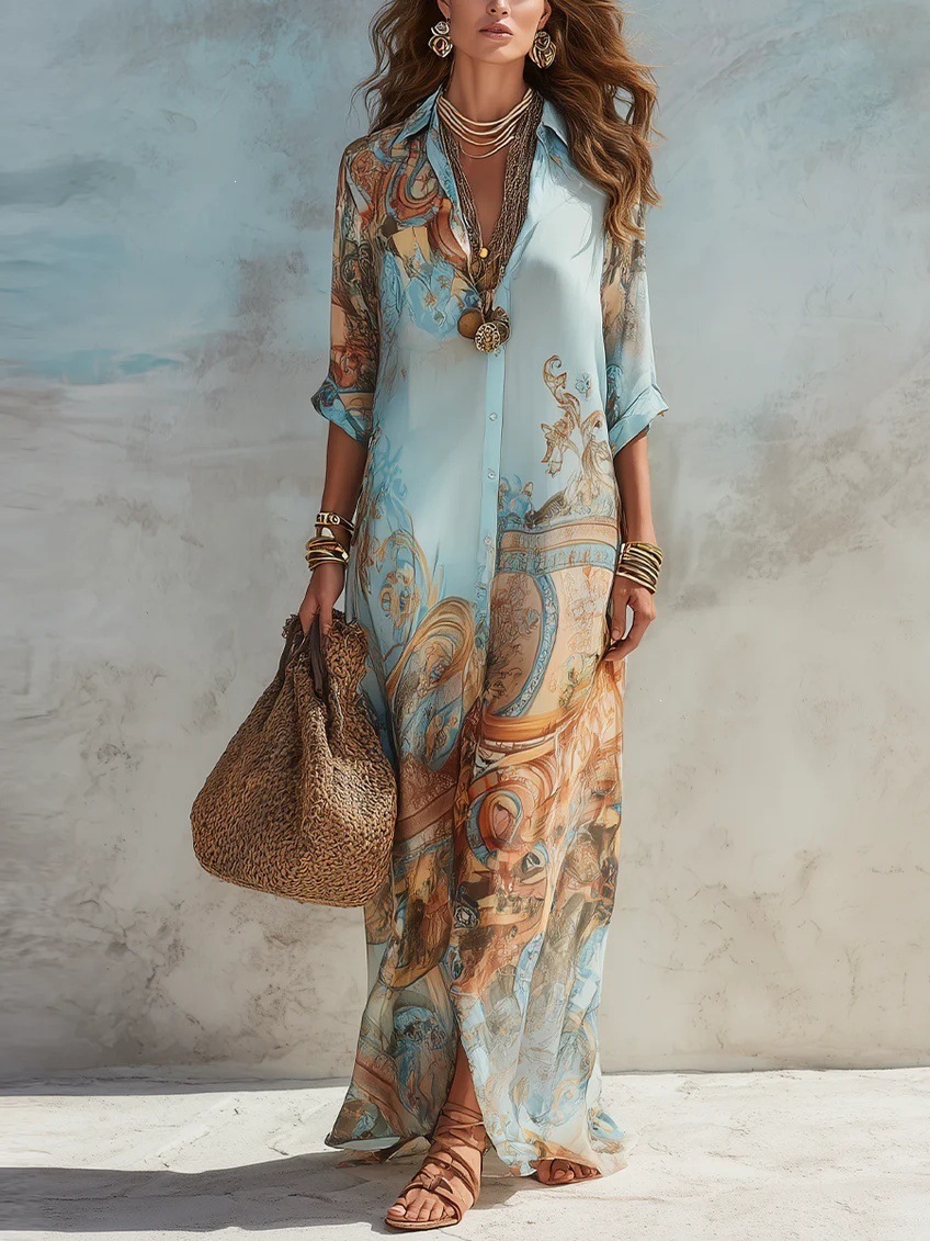 Chiffon digital print fresh vintage flowing dress
