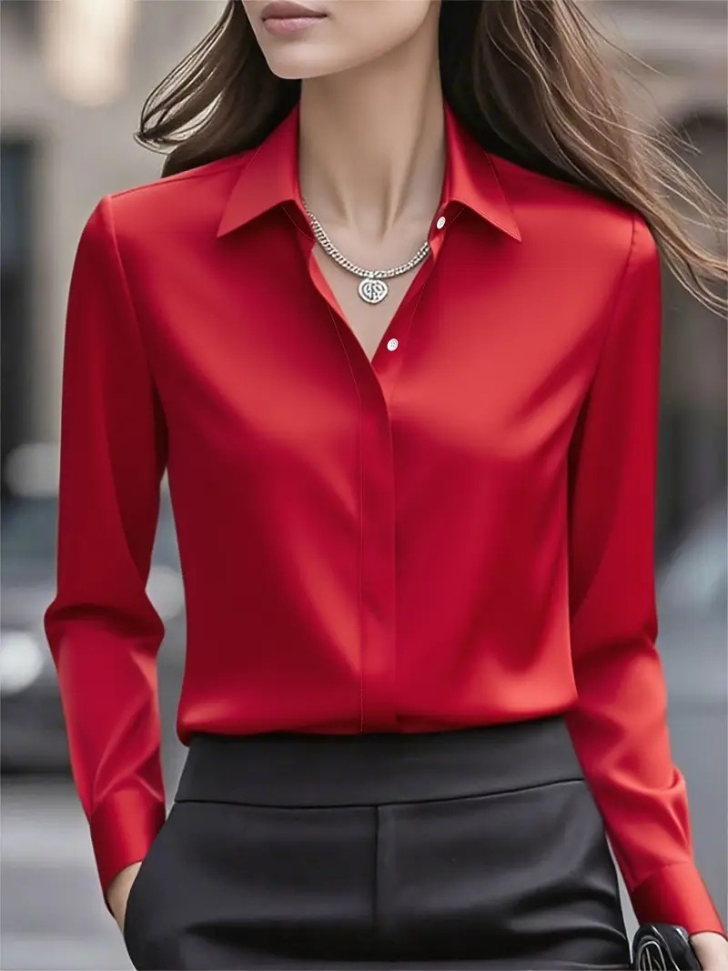 Solid long-sleeve satin shirt with turn-down collar