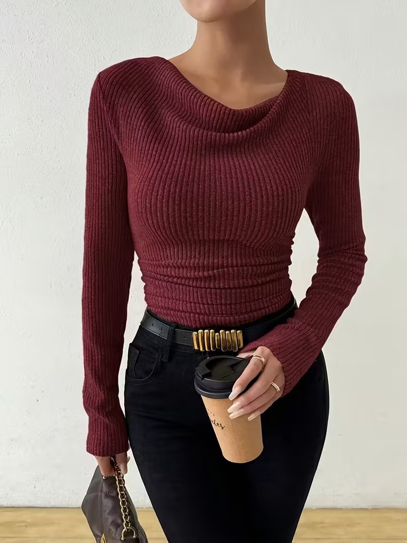 Solid color women's long sleeve knit sweater casual top