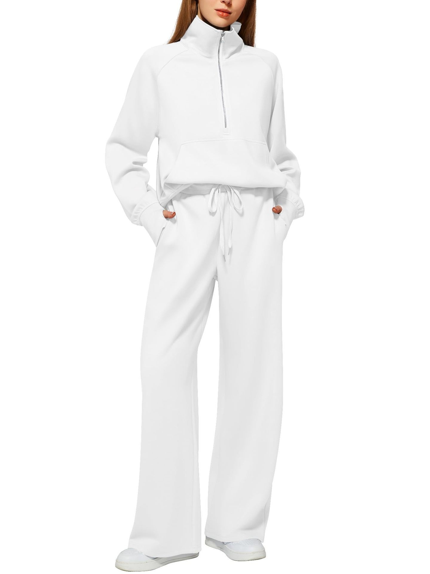 Solid Color Two-Piece Half-Zip Sweatshirt and Wide-Leg Pants Casual Set