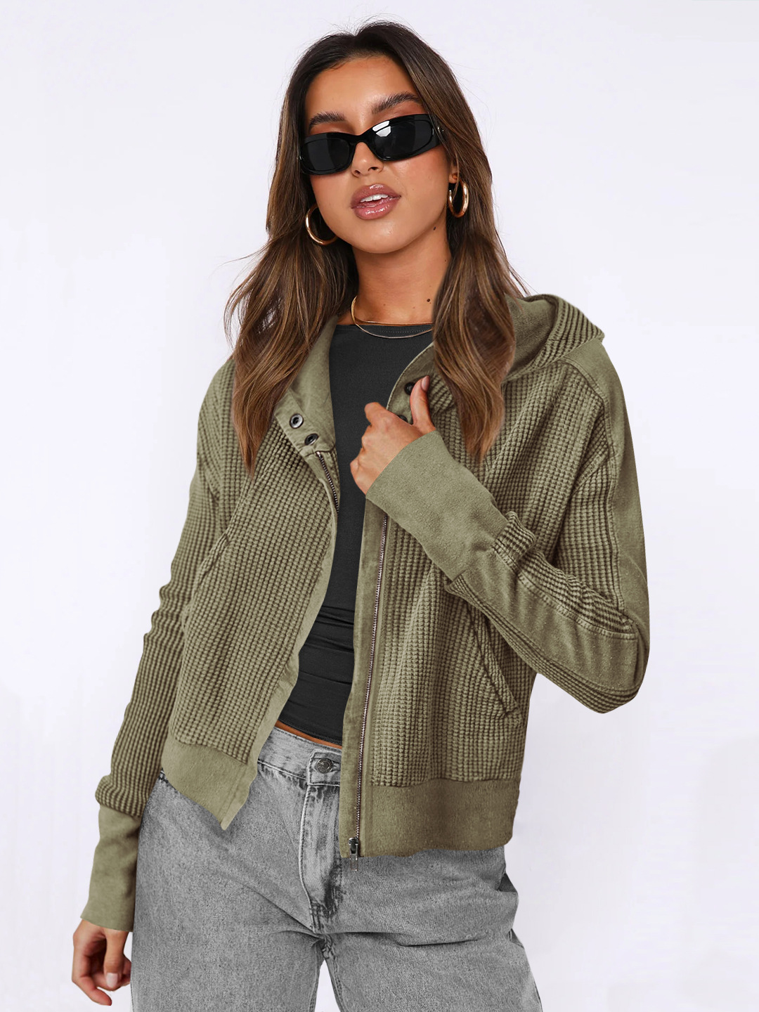 Paneled zip-up cropped hoodie with relaxed fit