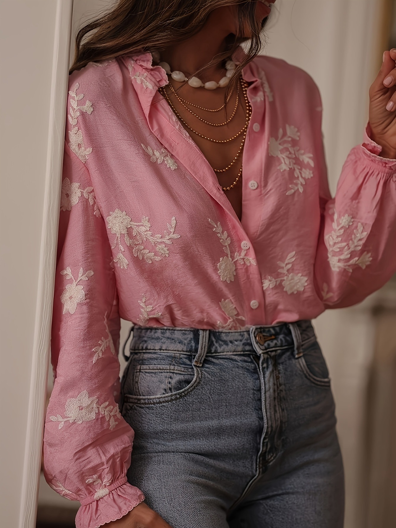 Embroidered chiffon long-sleeve blouse