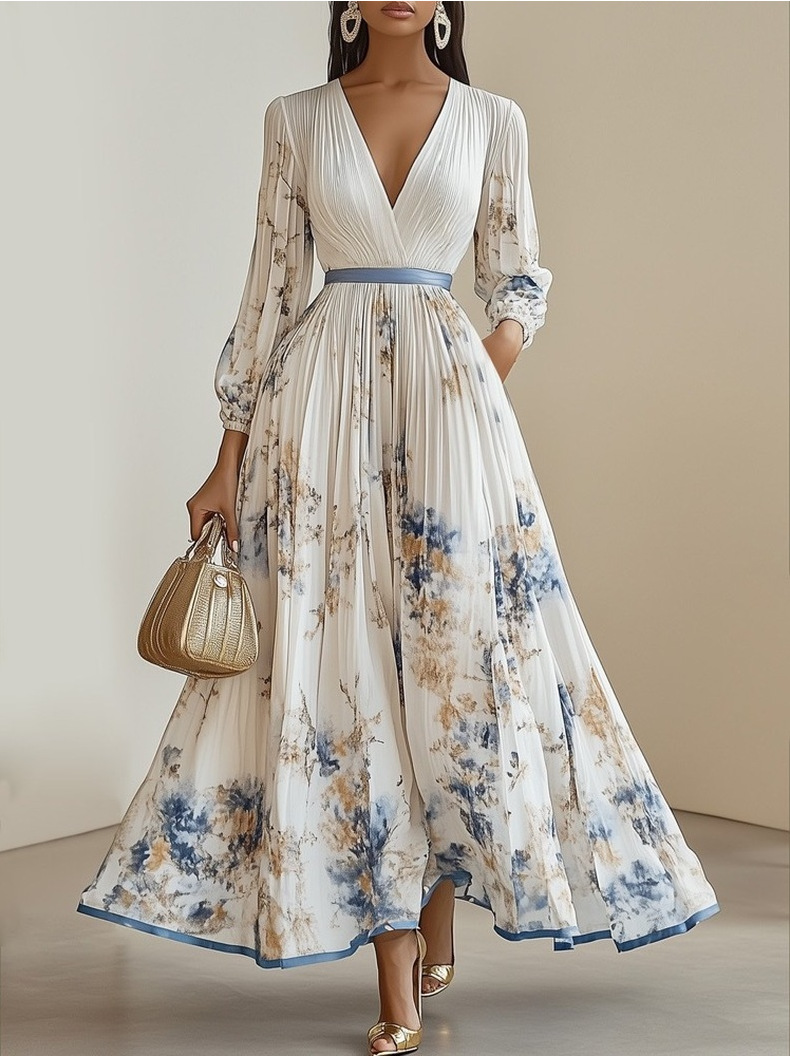 Long-sleeve printed midi dress with deep V-neck for vacation