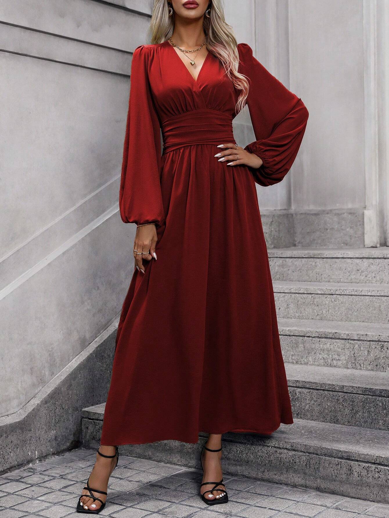 Lantern Sleeve Smocked High Slit Dress