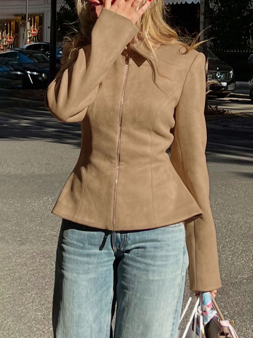 Khaki Suede Waist-Tie Slimming Vintage Commuter Jacket