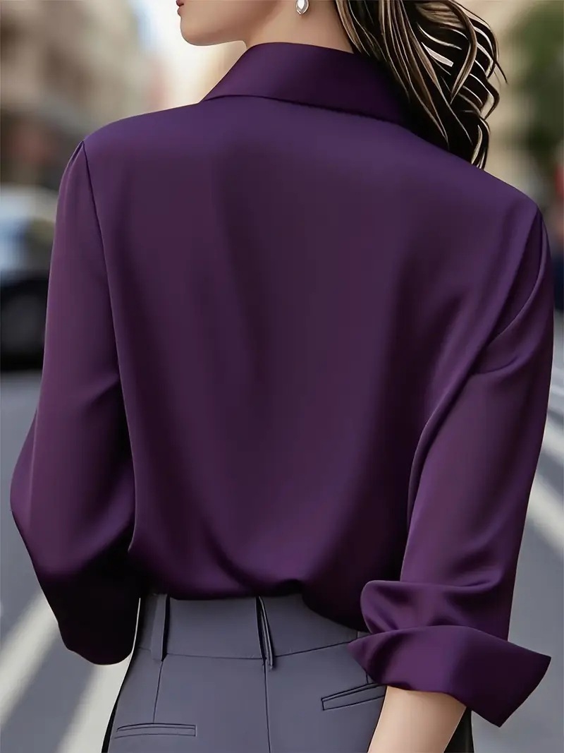 Solid Long Sleeve Satin Shirt with Turn-down Collar