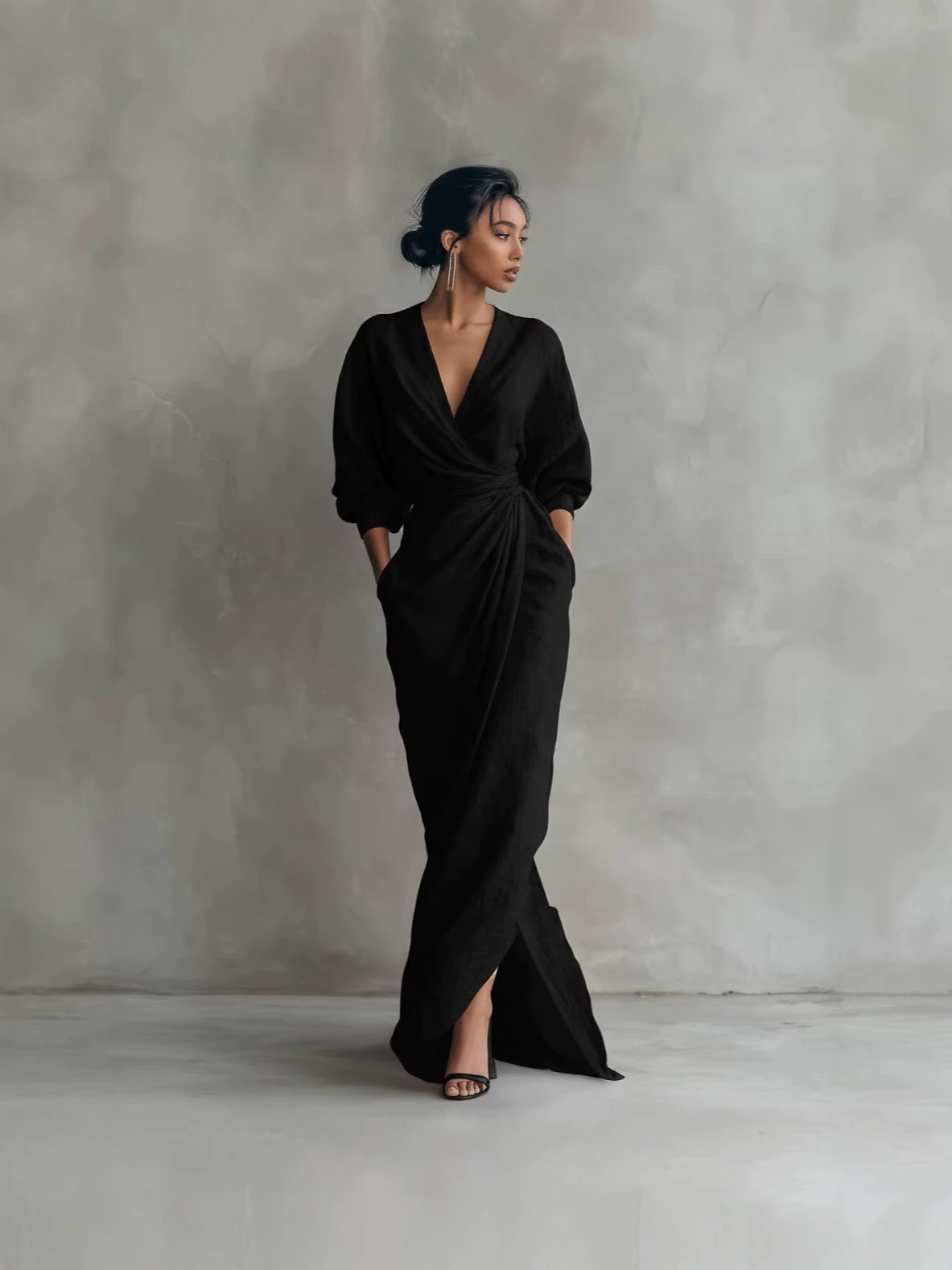 V-neck long dress with side slit, cinched waist, and pockets – vacation style