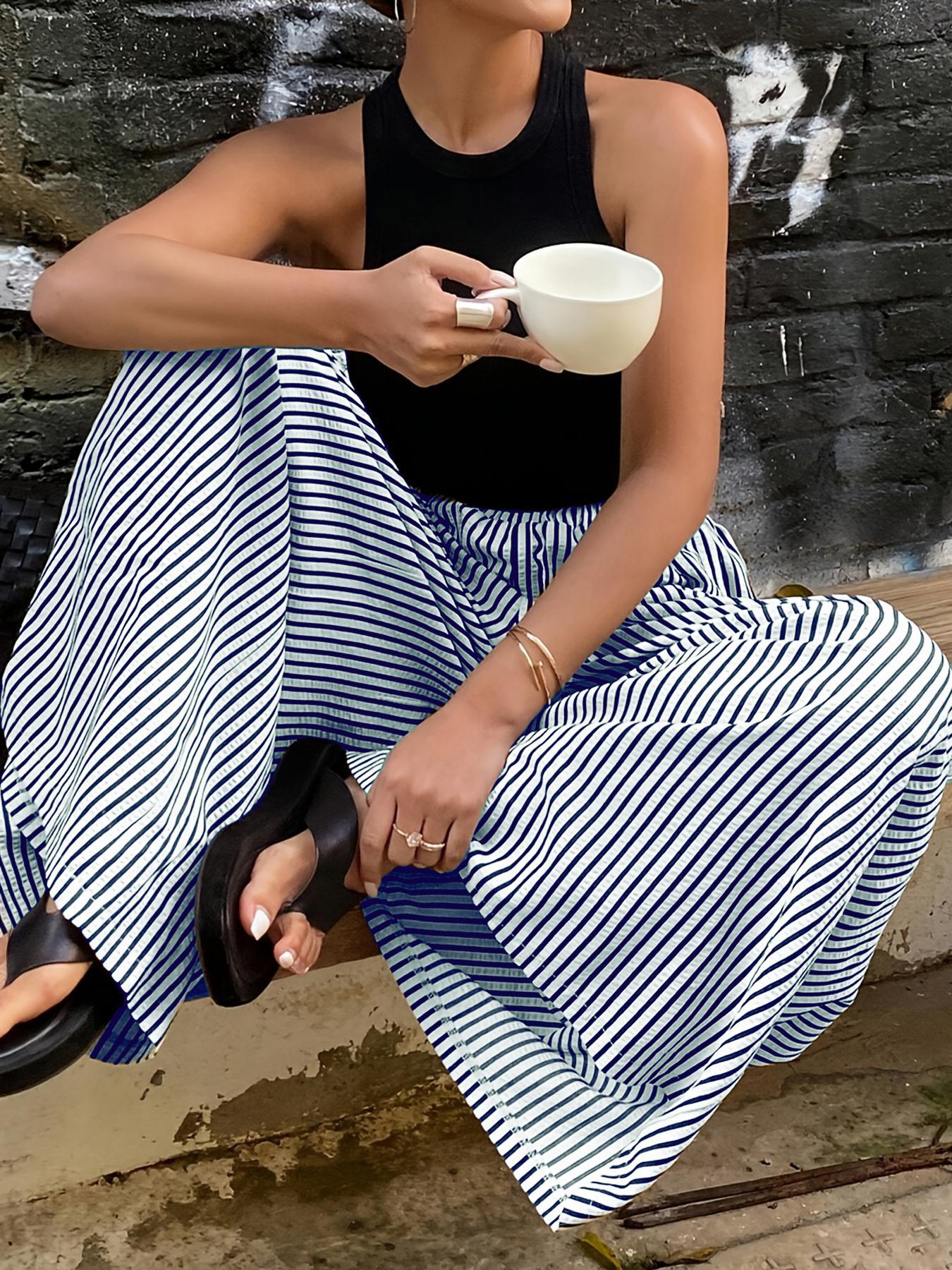 Striped elastic waist straight wide-leg pants