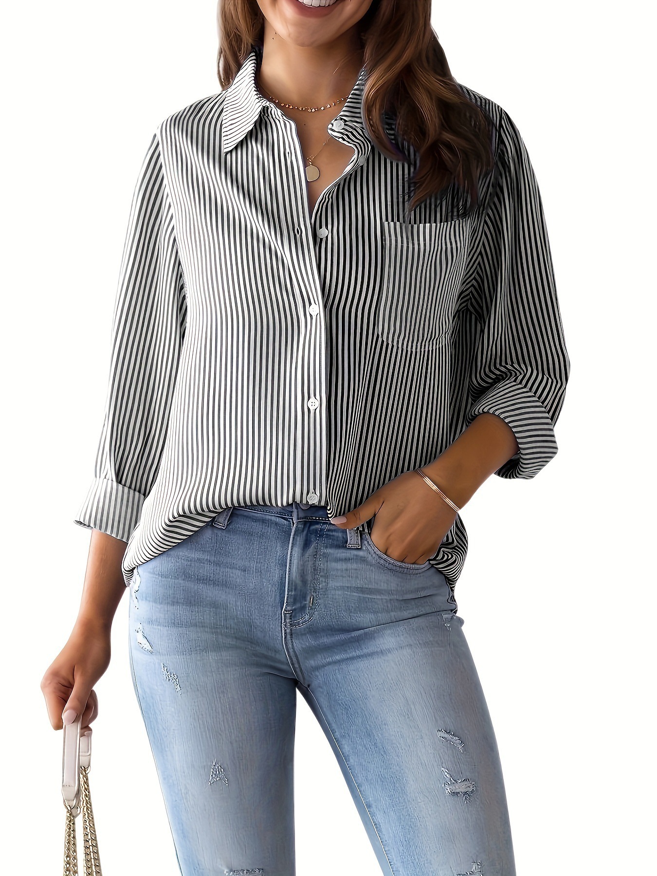 Loose-fit casual long-sleeve striped shirt