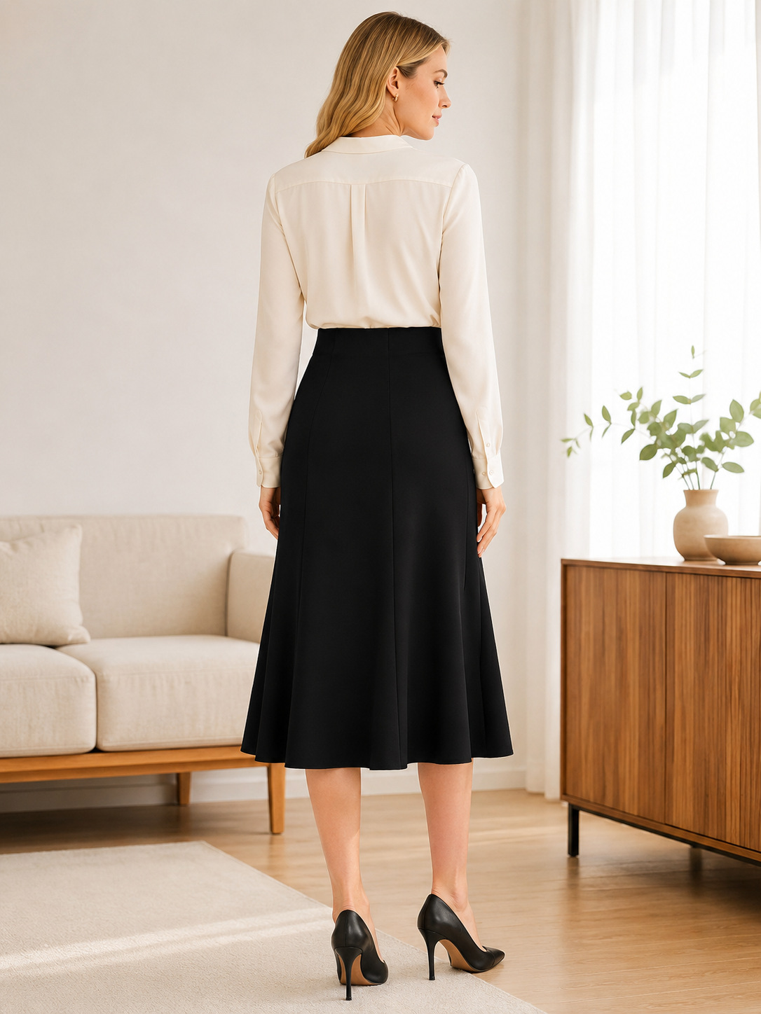 High-Waist Stretchy A-Line Flowing Midi Skirt