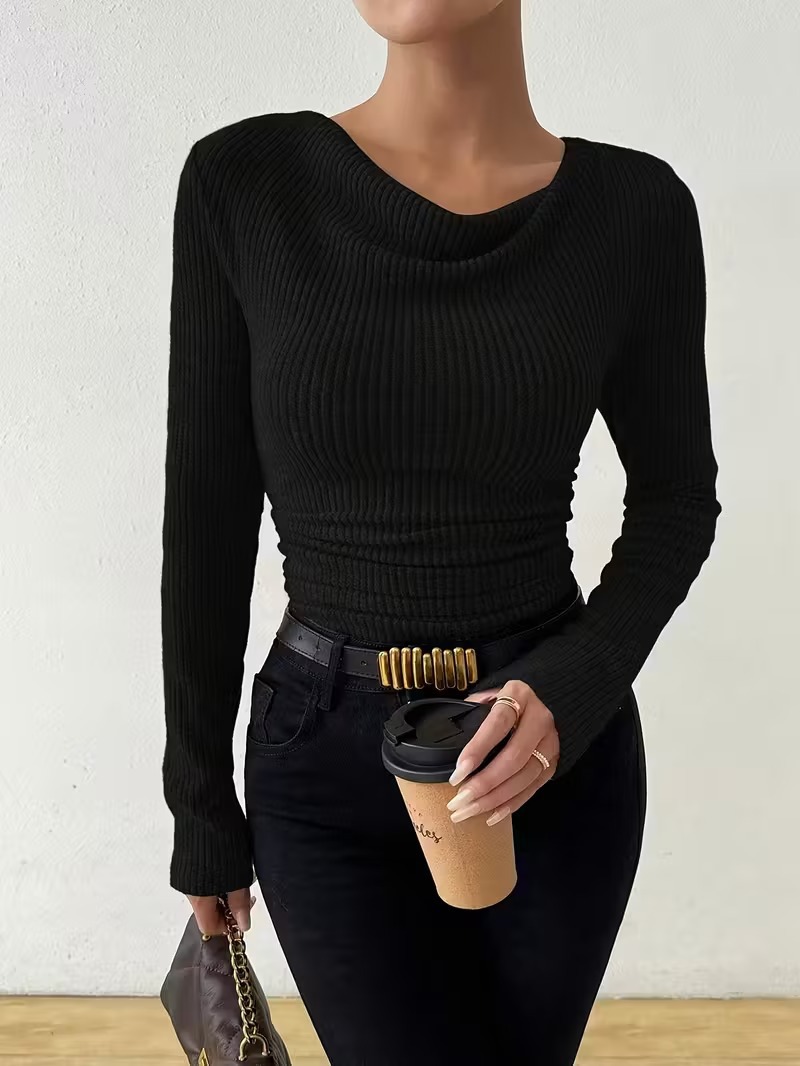 Solid color women's long sleeve knit sweater casual top