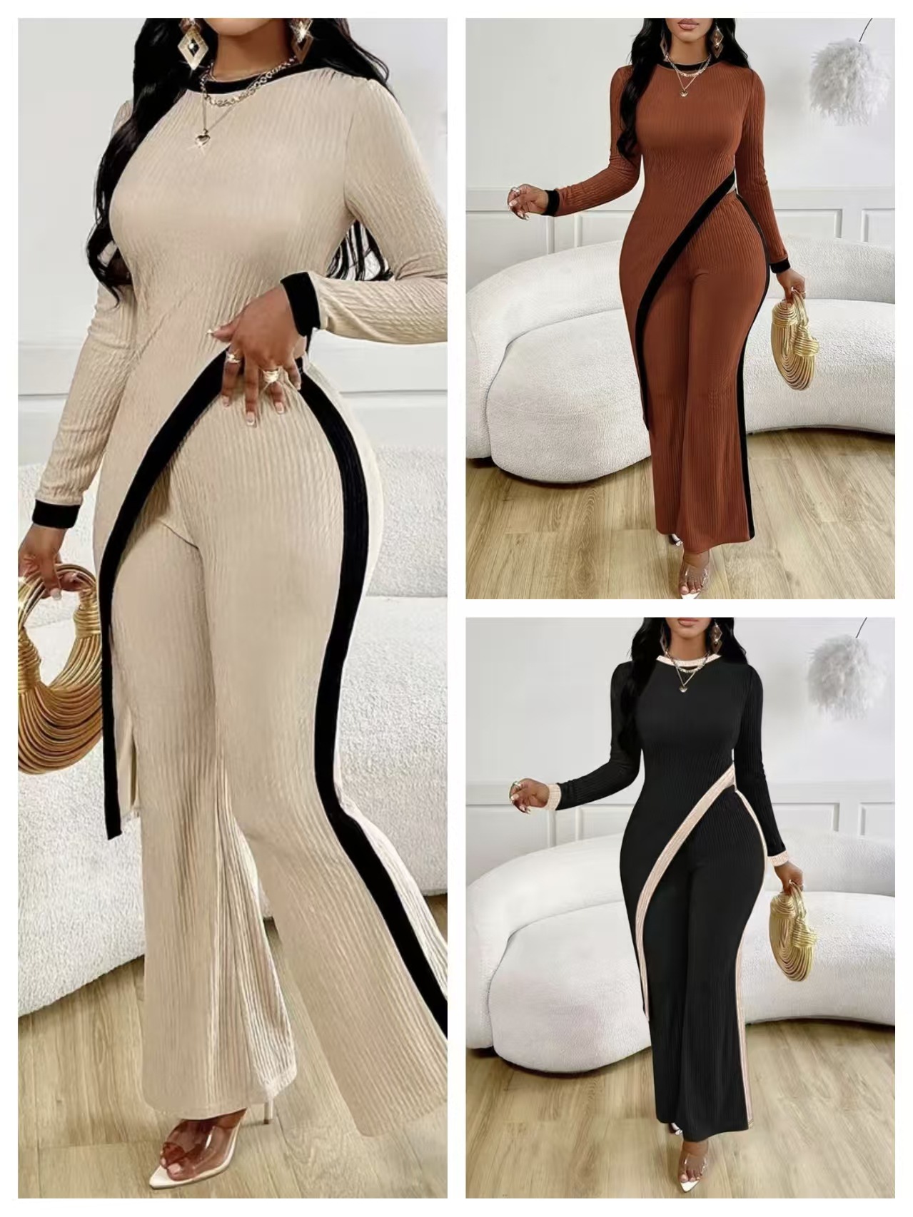 Fashionable color-block long-sleeve side-slit T-shirt and matching pants set
