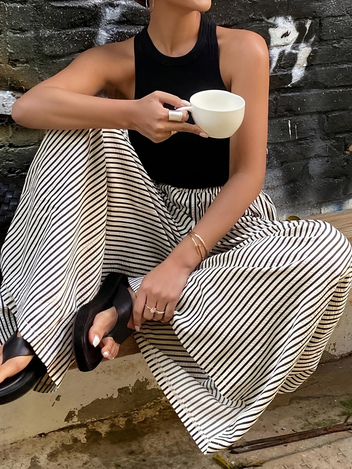 Striped elastic waist straight wide-leg pants