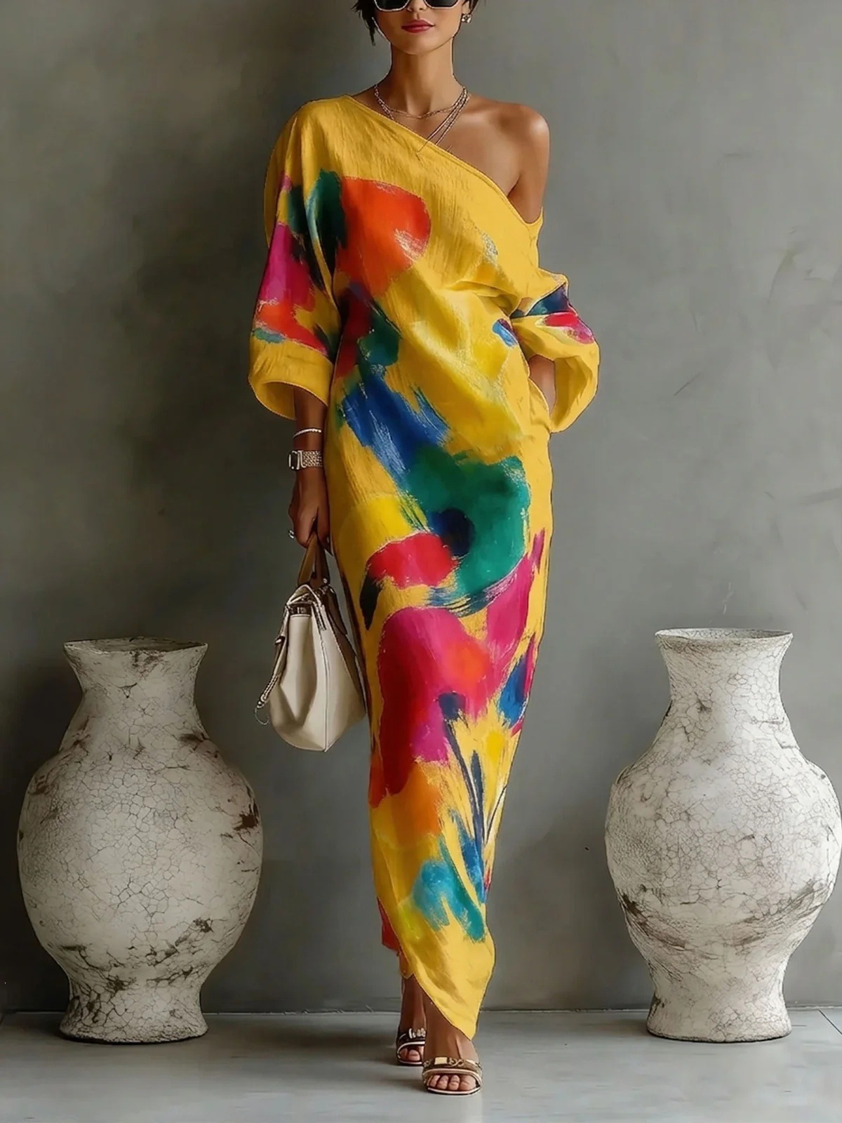 Plus-size printed dress with French style