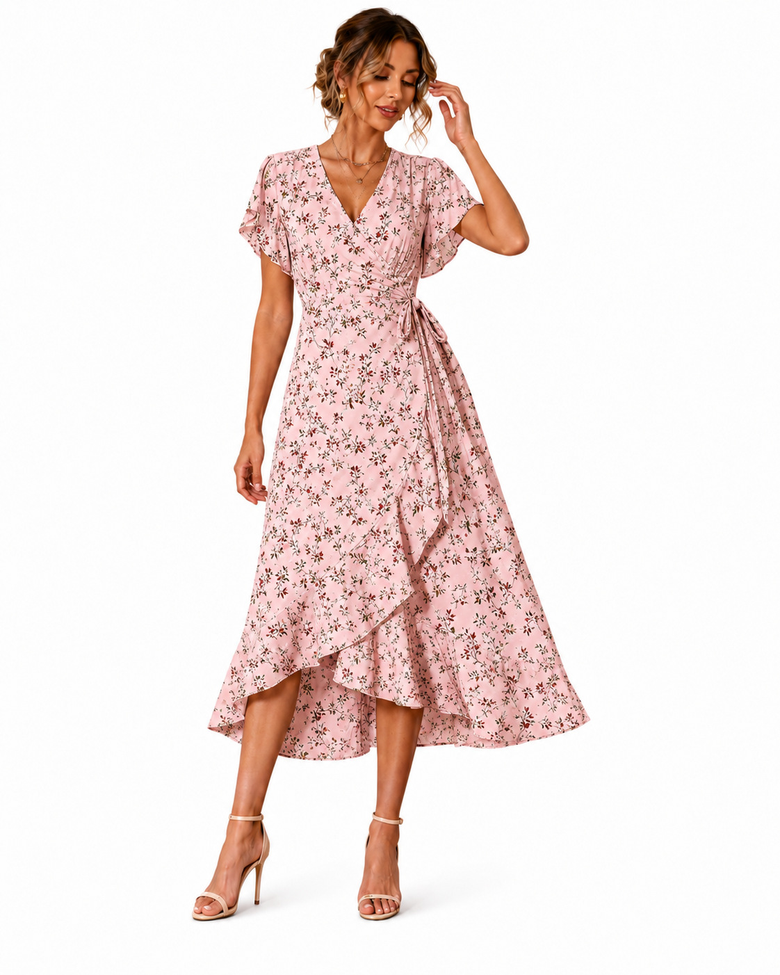 V-neck flutter sleeve waist-tie irregular ruffle plus-size work dress