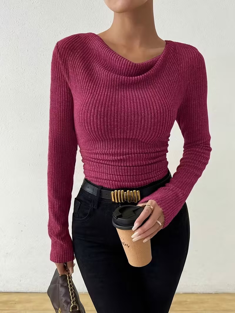 Solid color women's long sleeve knit sweater casual top
