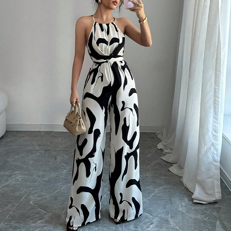 Milk Print Tie-Neck Halter Jumpsuit