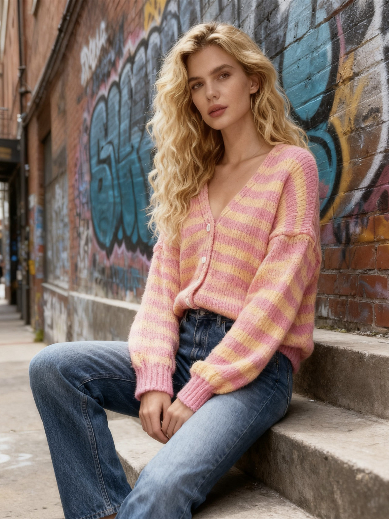 Color-Block Striped V-Neck Knit Cardigan