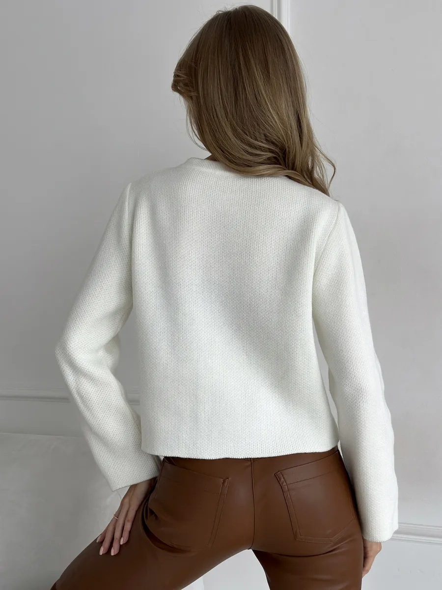 British Style Single-Breasted Round Neck Long Sleeve Knit Short Jacket