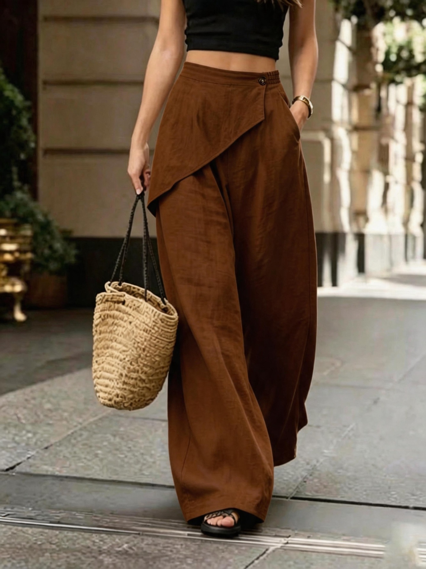 Irregular design loose solid casual wide-leg pants