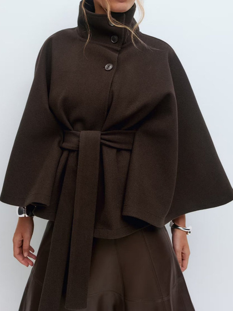 Solid color cape with stand collar, button and belt trench coat