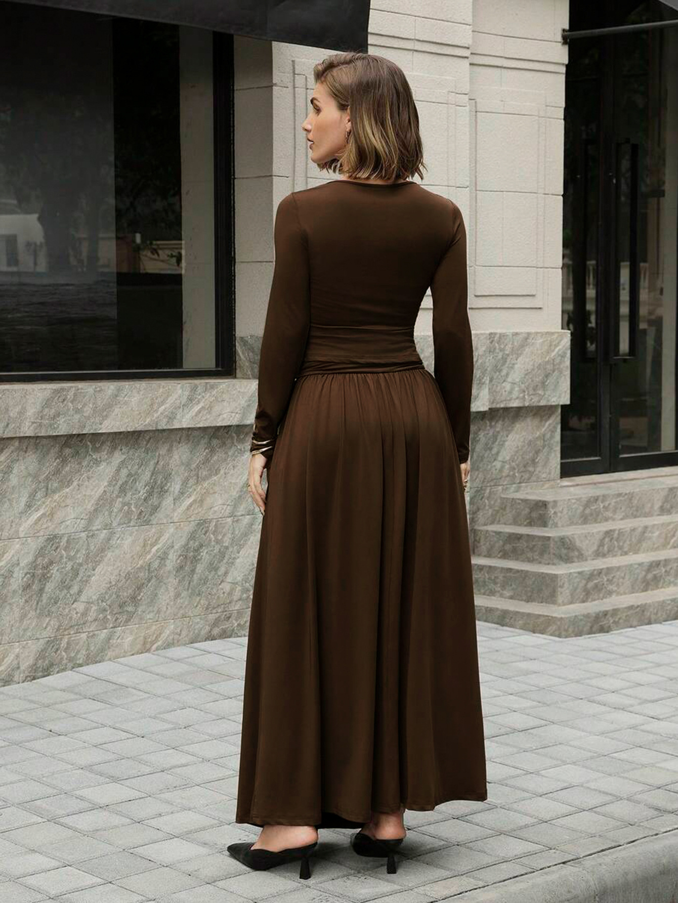 Dark brown one-shoulder long dress with asymmetric pleated waist and draped silhouette, office style