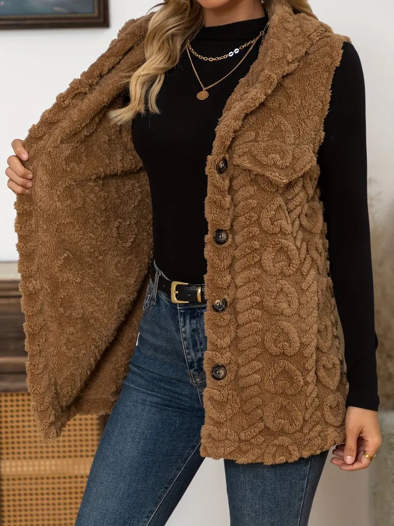 Double-sided diamond-quilted plush sleeveless hooded jacket