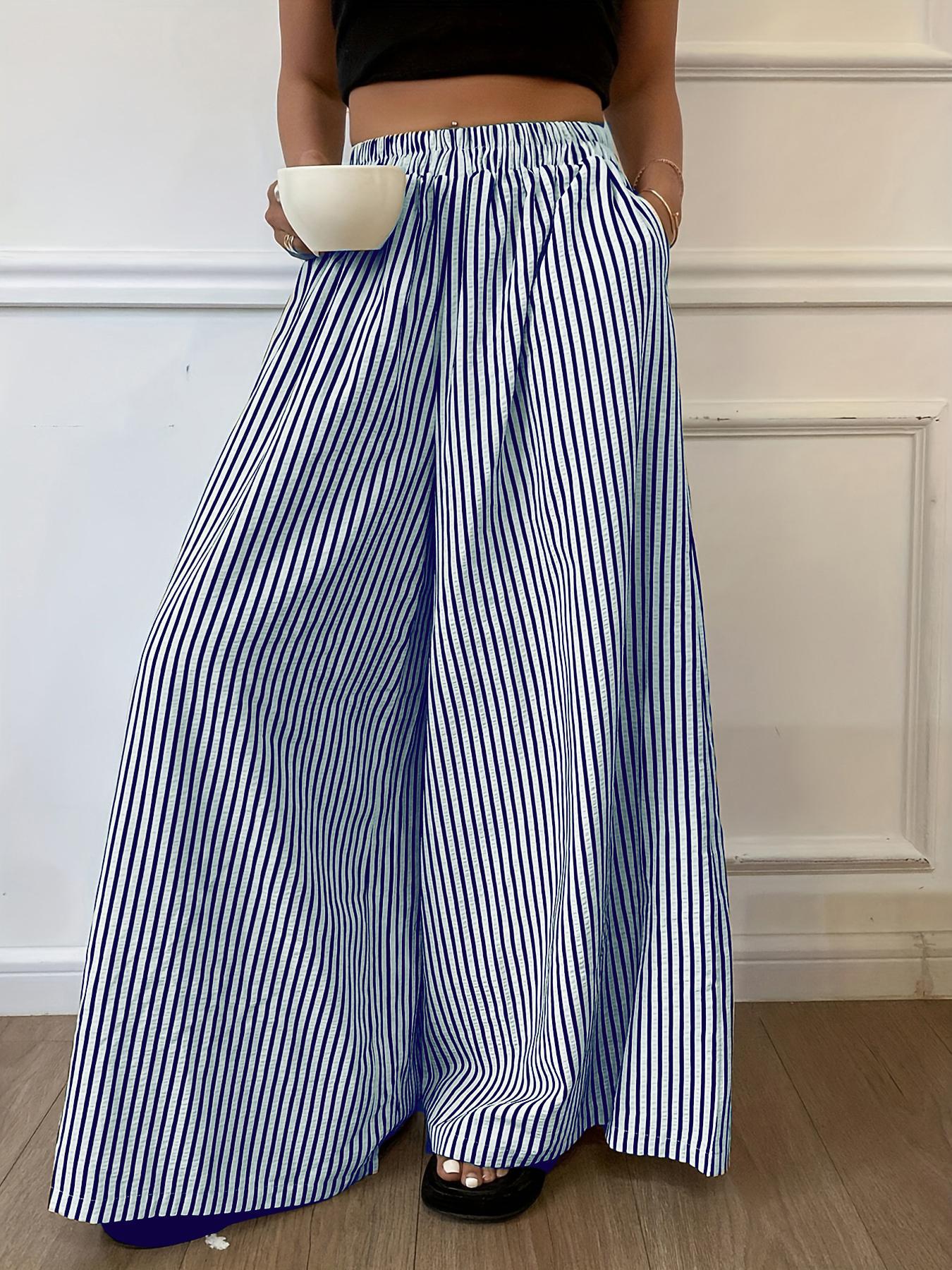 Striped elastic waist straight wide-leg pants