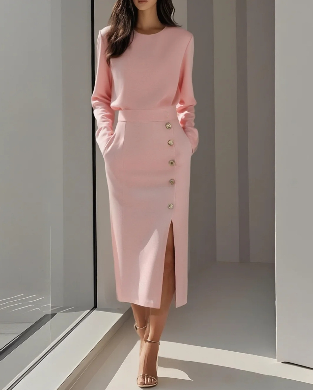Solid color crew neck long sleeve waist-cinching slit dress