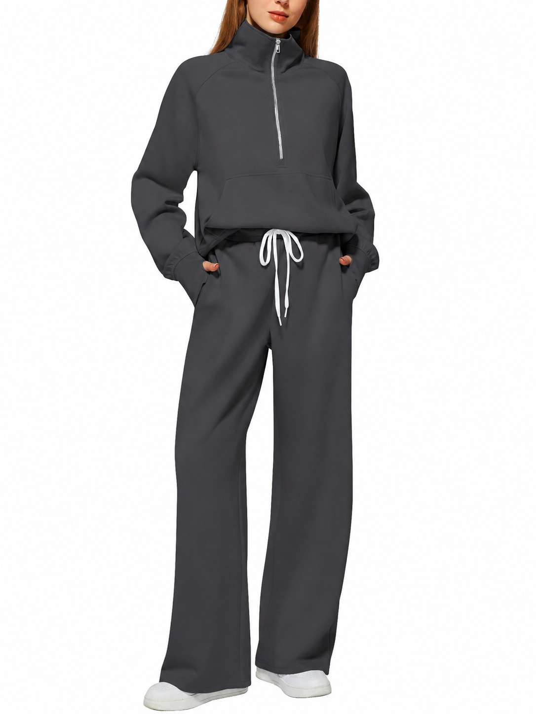 Solid Color Two-Piece Half-Zip Sweatshirt and Wide-Leg Pants Casual Set