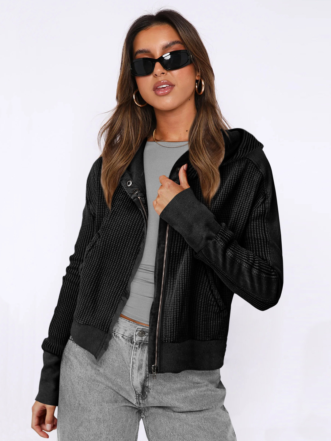 Paneled zip-up cropped hoodie with relaxed fit
