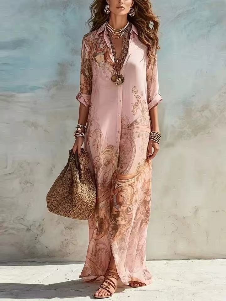 Chiffon digital print fresh vintage flowing dress