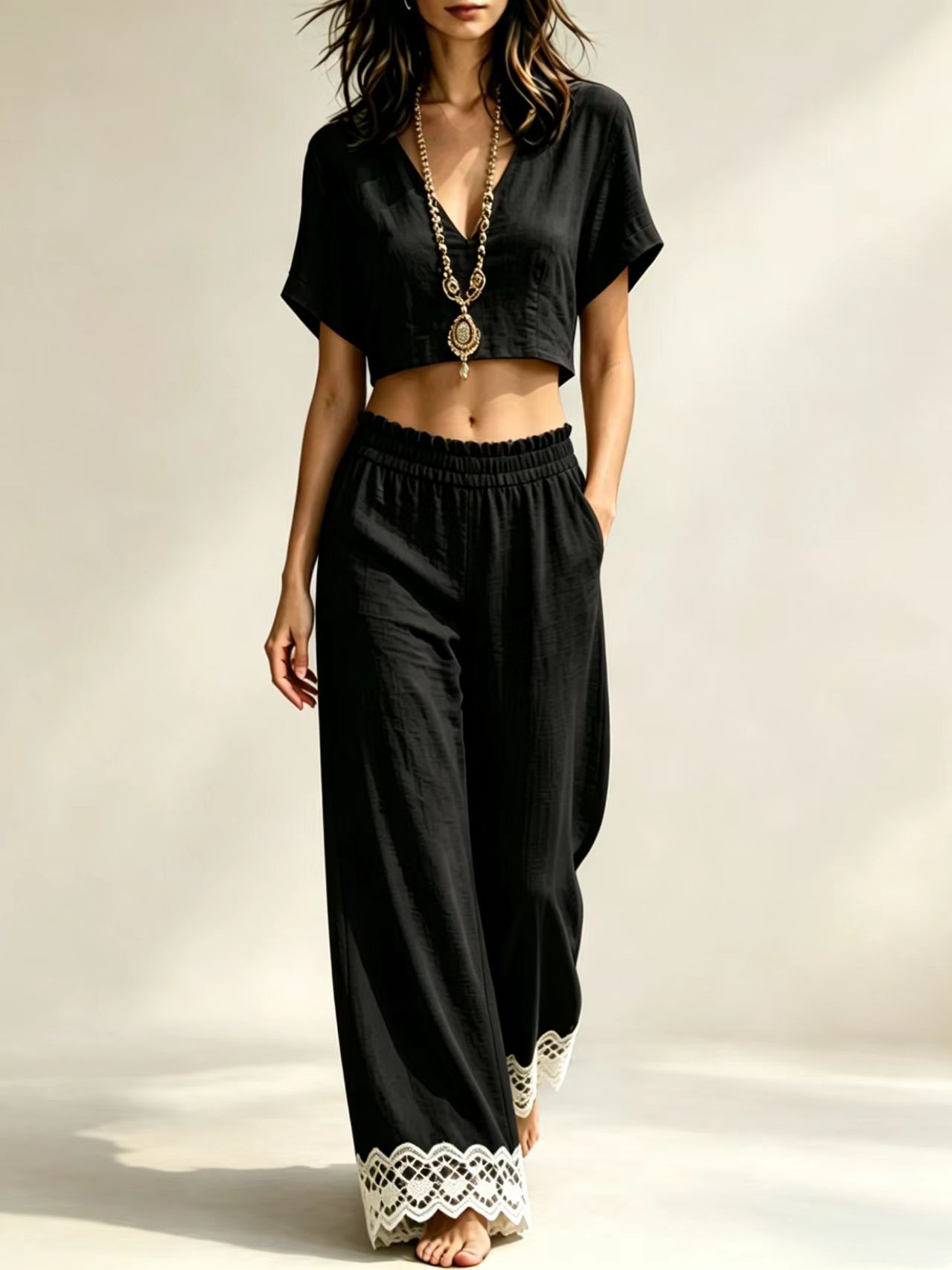 V-neck short-sleeve top and lace-trim wide-leg pants set