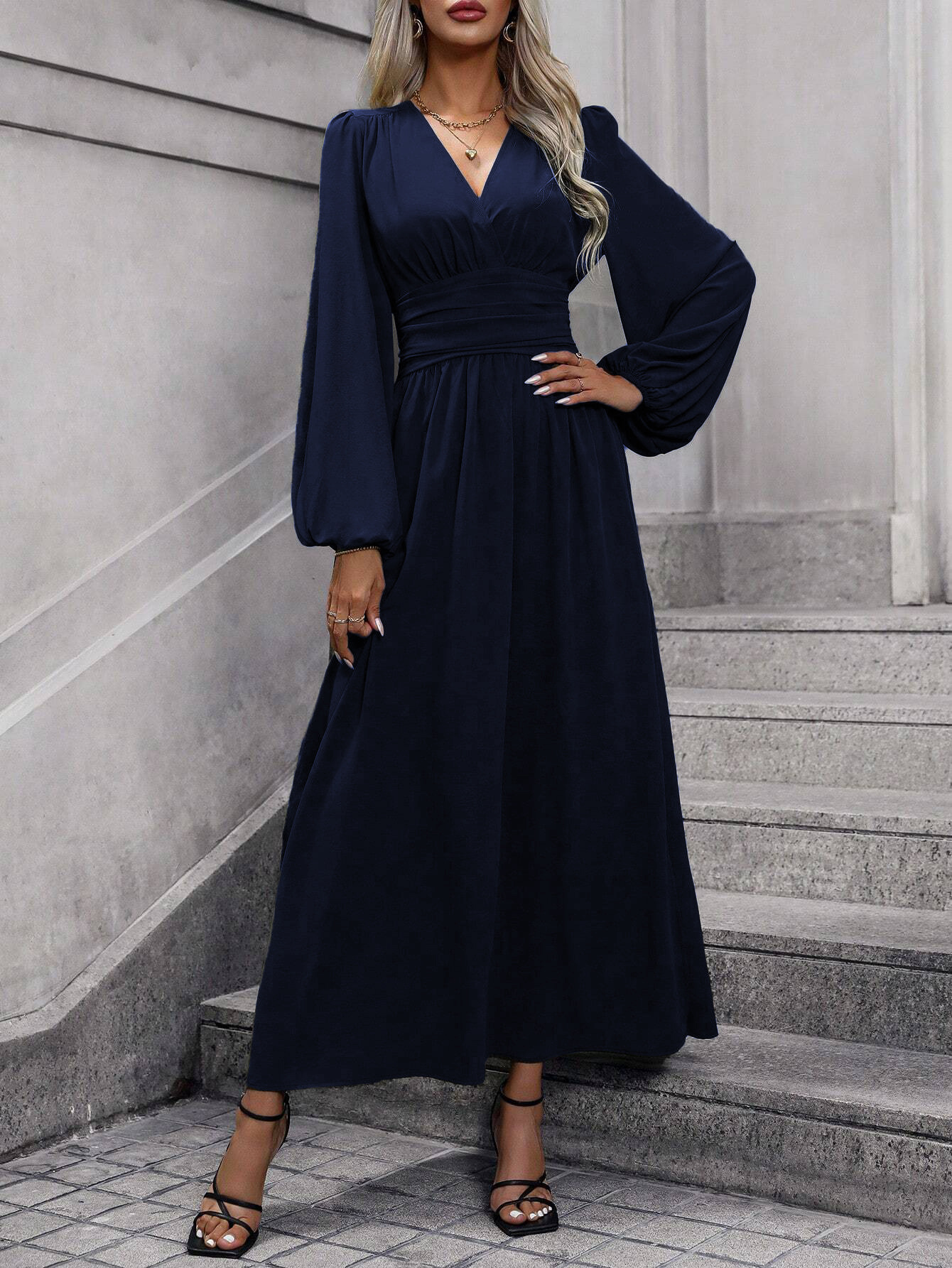 Lantern Sleeve Smocked High Slit Dress
