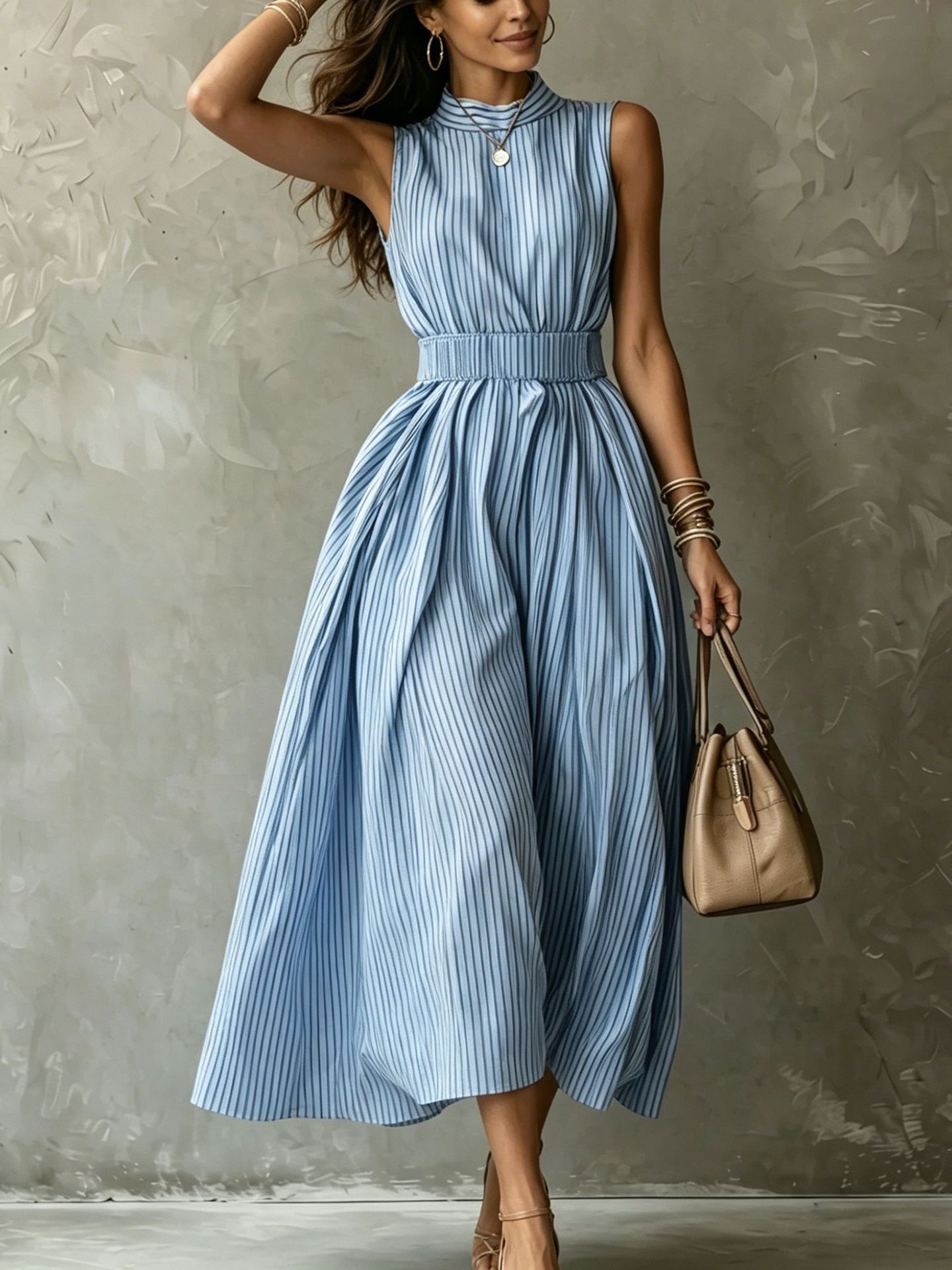 Long sleeveless striped dress with waist-cinching design