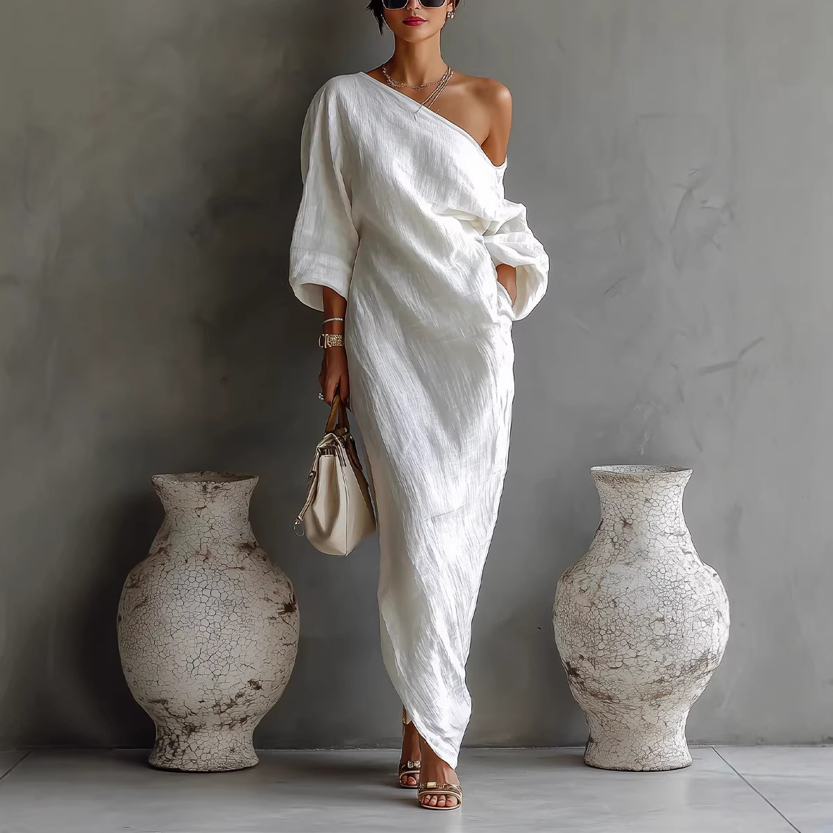 Stylish long-sleeve off-shoulder long mid-waist dress