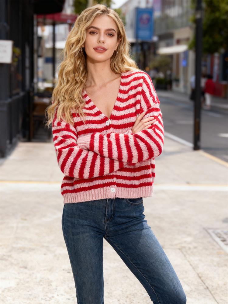Color-Block Striped V-Neck Casual Knit Cardigan