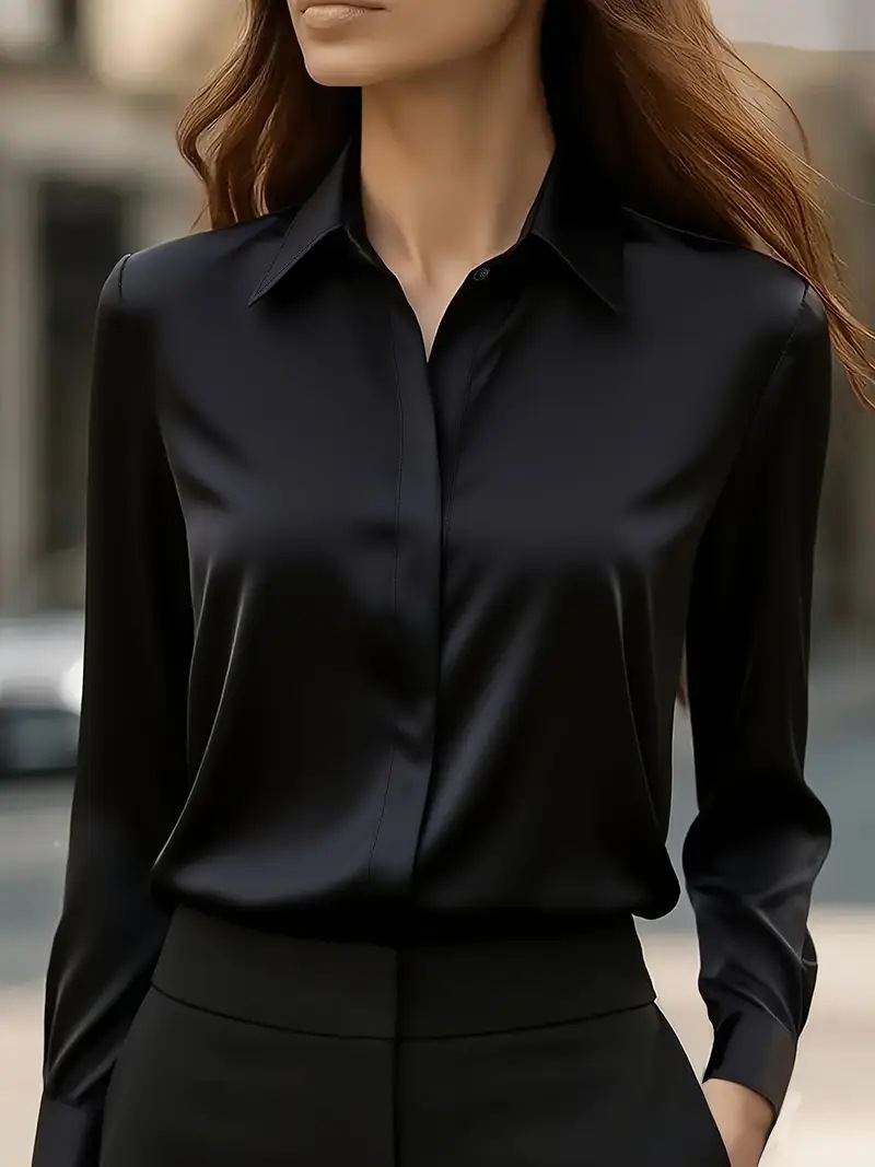 Solid long-sleeve satin shirt with turn-down collar