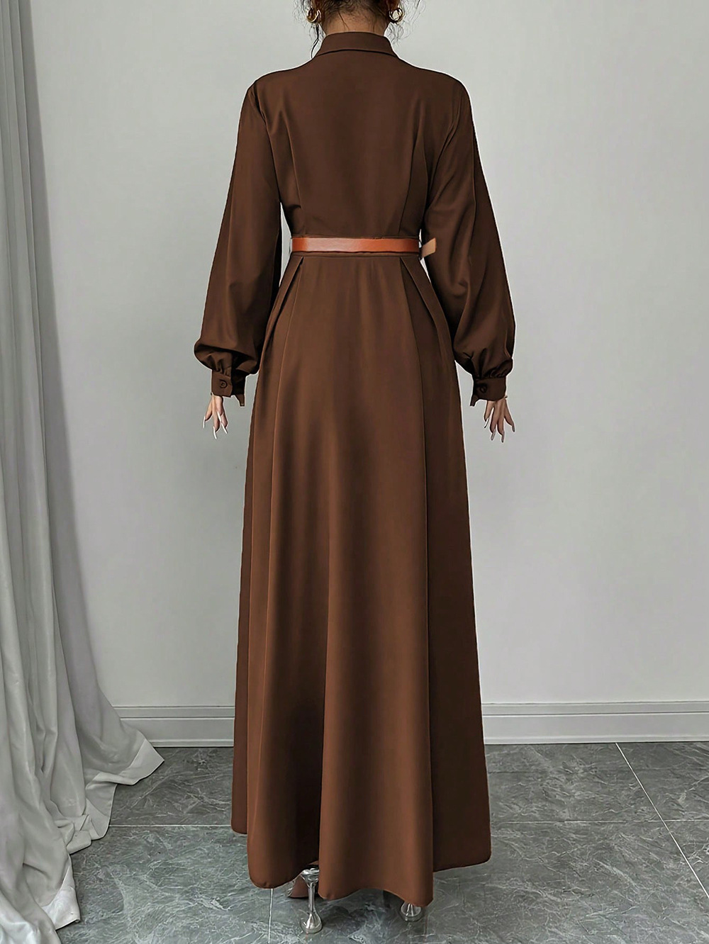 Long-sleeve dress with lapel collar and cinched waist