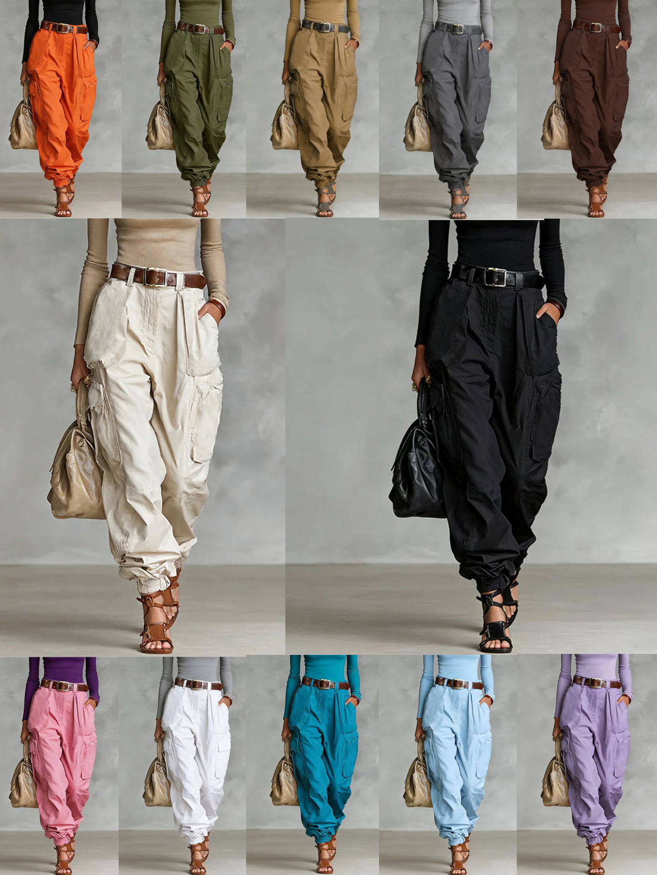 High-waist loose wide-leg cargo pants