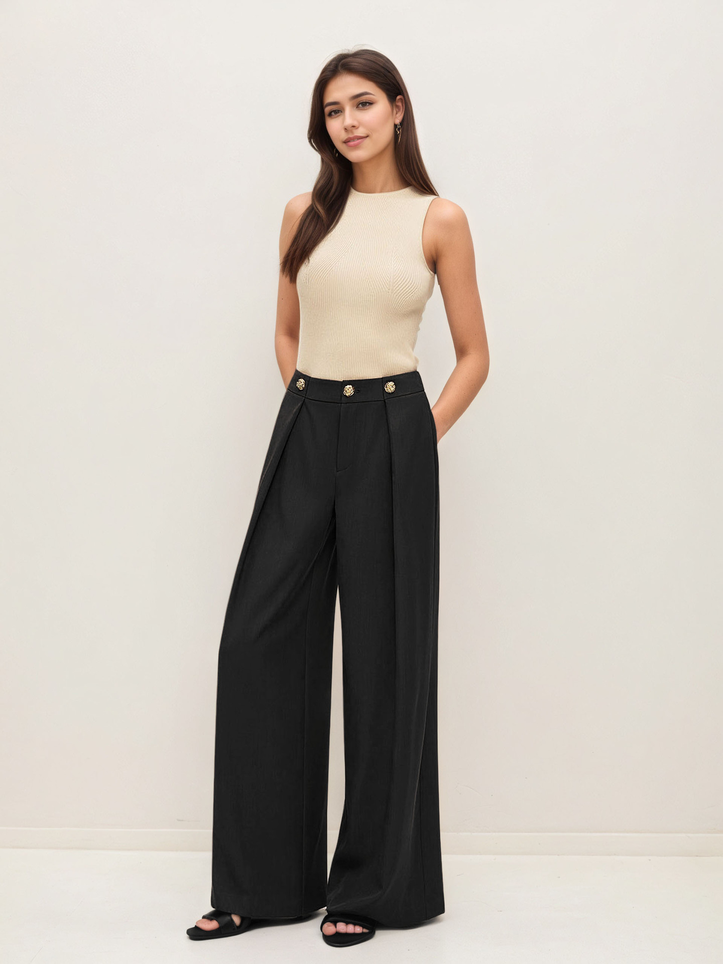 High-waist straight-leg casual trousers with zipper, drape fabric