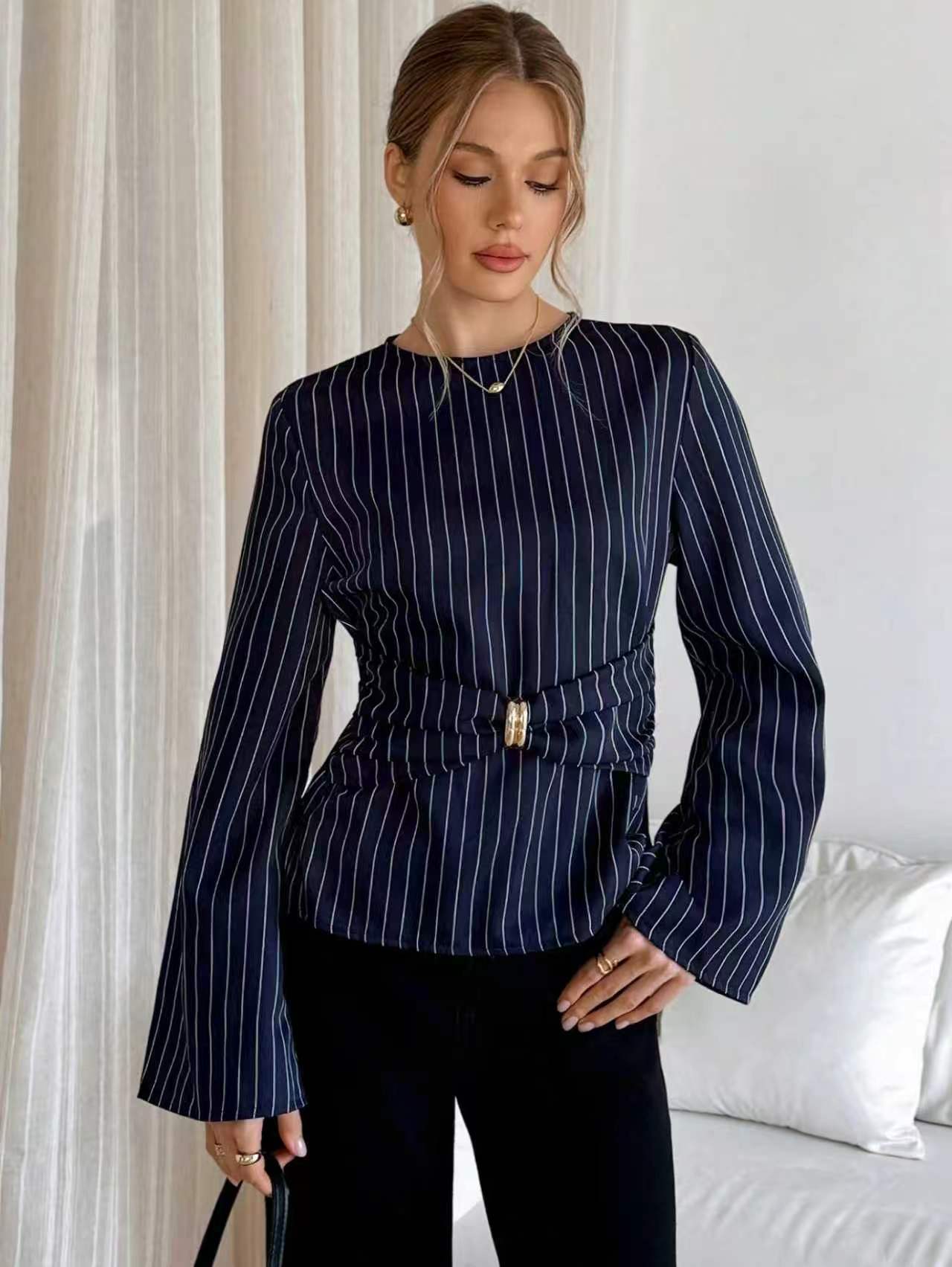 Long-sleeve striped shirt with metal waist