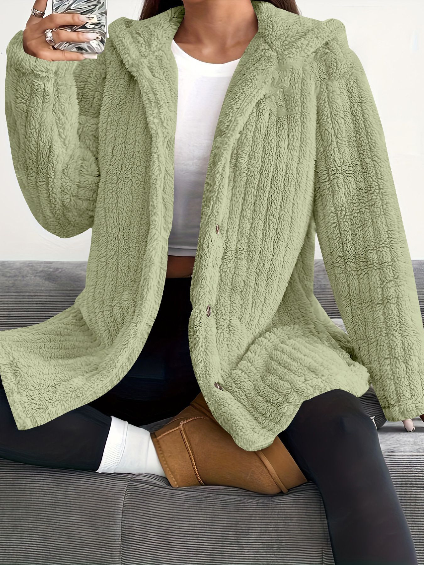 Solid color long-sleeve hooded loose fluffy coat
