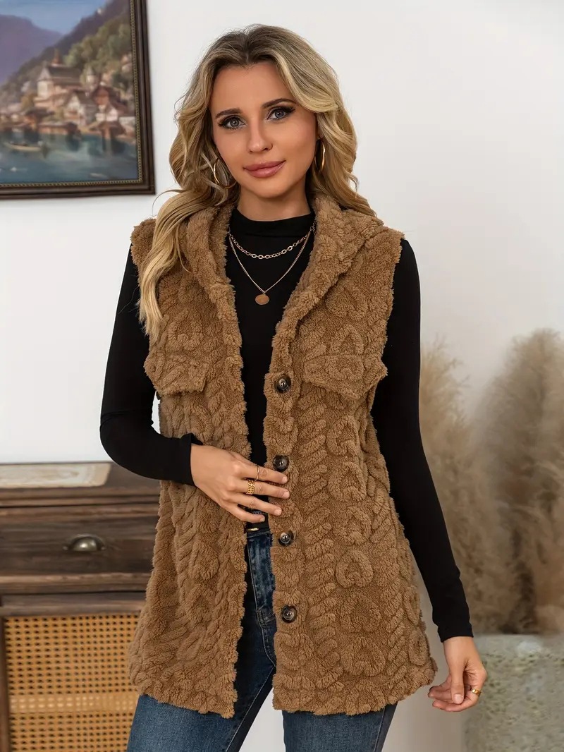 Double-sided diamond-quilted plush sleeveless hooded jacket