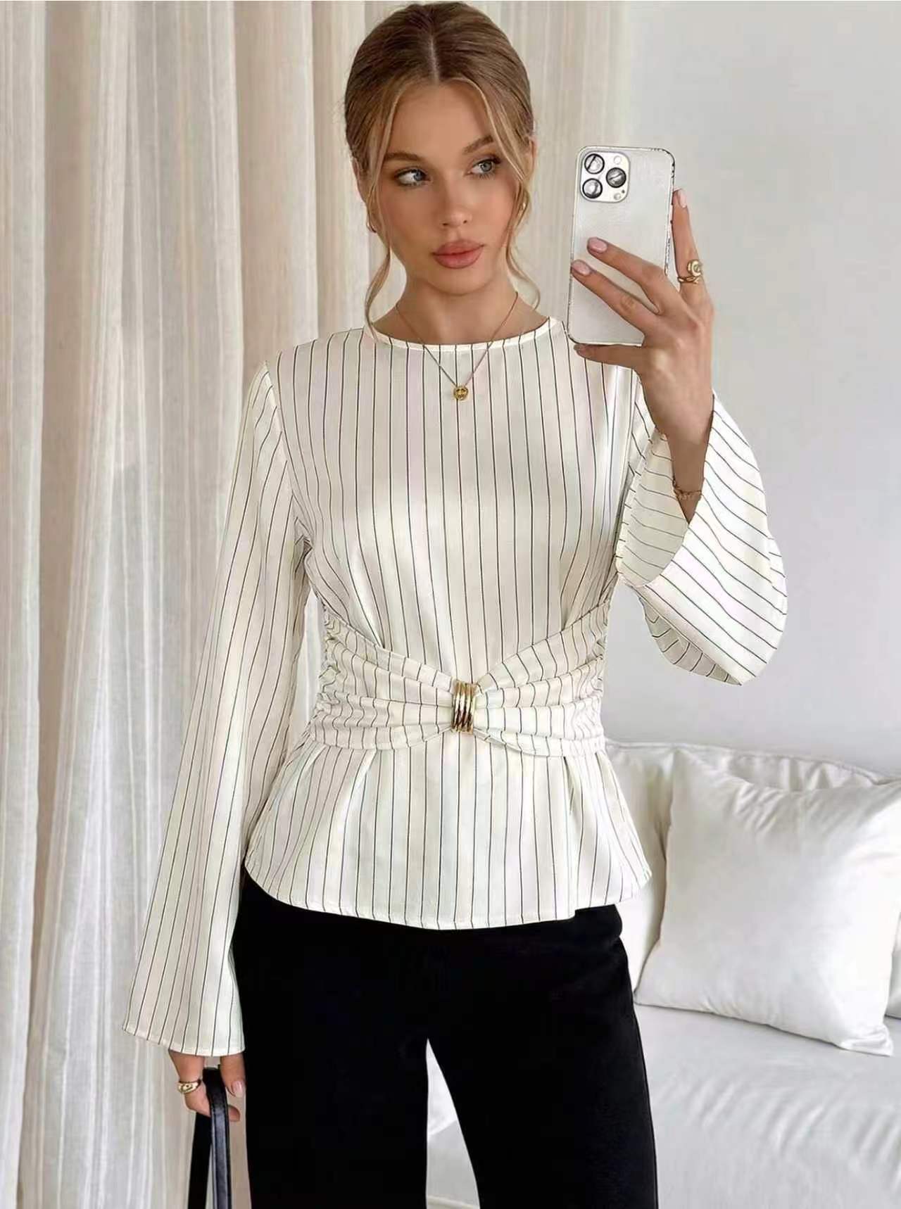 Long-sleeve striped shirt with metal waist