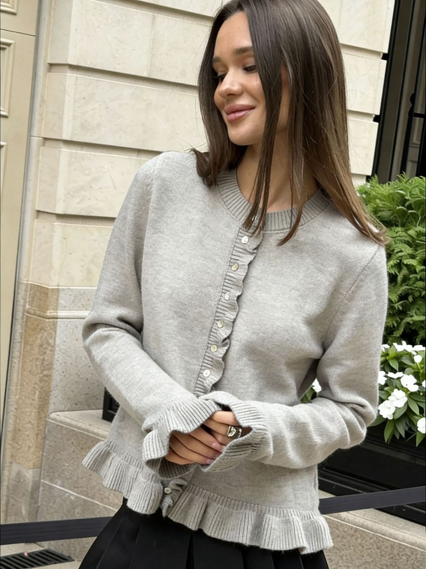 Long-sleeve ruffled knit cardigan, single-breasted, solid color, casual